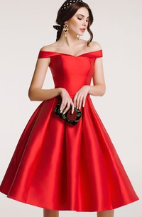 Vintage Satin Off-the-shoulder A Line Sleeveless Cocktail Dress with Pleats and Zipper
