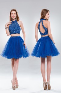 Two-Piece A-Line Short High Neck Sleeveless Tulle Keyhole Dress With Beading And Ruffles