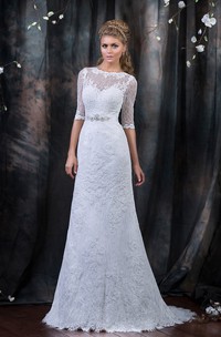 A-Line Long Bateau Half-Sleeve Low-V-Back Lace Dress With Beading And Ribbon