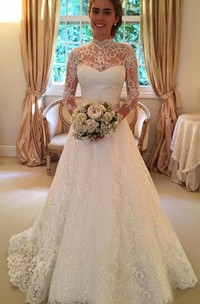 A-Line Short High Neck Long Sleeve Bell Illusion Bow Appliques Tiers Illusion Sweep Train Backless Illusion Lace Dress