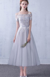 Lace Tulle Off-the-shoulder Tea-length Formal Dress With Appliques