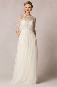 Sheath Lace Half-Sleeve Long Scoop-Neck Tulle Wedding Dress