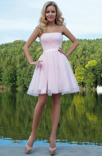 Short Strapless Ruched Tulle Prom Dress With Ribbon