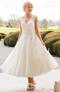 A-Line Tea-Length Appliqued Scalloped Cap Sleeve Lace Wedding Dress