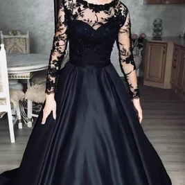 Casual Ball Gown Long Sleeve Satin Bateau Floor-length Formal Dress ...