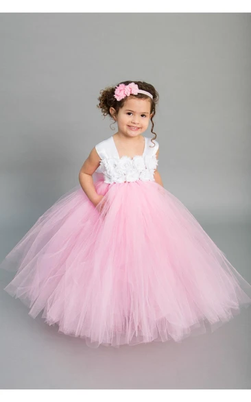 Cap Sleeve Chiffon Flower Bust Pleated Ruffled Tulle Ball Gown With Bow Sash