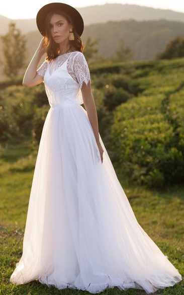 Bohemian A Line Lace Tulle Jewel Short Sleeve Wedding Dress with Ruffles