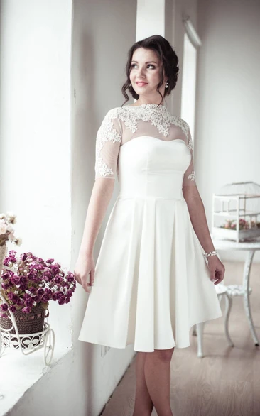 Romantic Lace Half Sleeve High Neck Pleated A-Line Short Wedding Dress