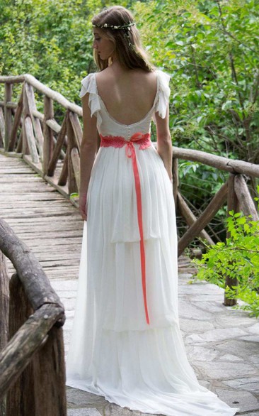 Poet-Sleeve Chiffon Pleated Floor-Length Wedding Dress With Sweep Train