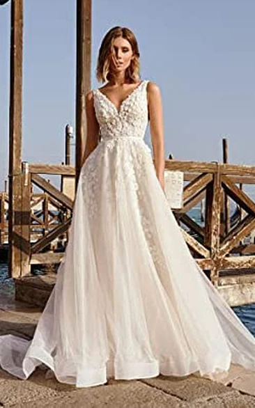 A-Line V-neck Organza Wedding Dress Simple Casual Sexy Adorable Beach Garden With Low-V Back And Sleevesless And Appliques