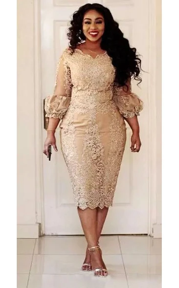 Scalloped Lace Vintage Bodycon Sexy Plus Size Knee-length 3-4 Length Sleeve Puff Balloon Dress