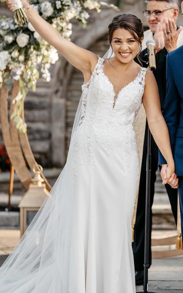 Elegant Applique Straps Mermaid Garden Wedding Dress with Court Train Button Back