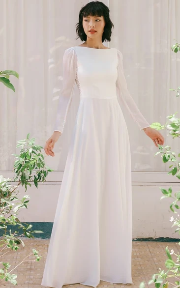 Simple Casual A-Line Long Sleeve Jewel Chiffon Wedding Dress Modest Beach Country Backless Bride Gown