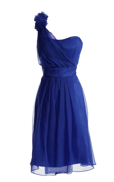 One-shoulder Appliqued Knee-length Pleated Chiffon Dress