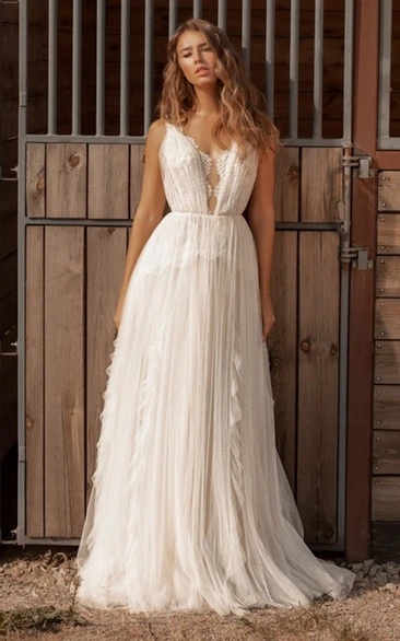 Romantic A-Line Plunging Neck Tulle Wedding Dress with Ruching