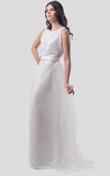 Simple A Line Sequins Floor-length Sleeveless Formal Dress with Removable Skirt