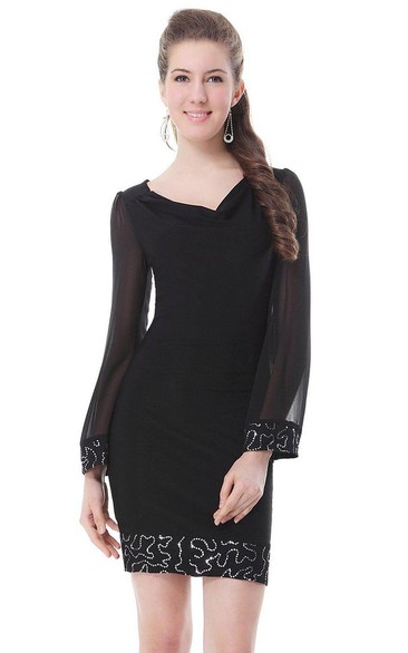 Long-sleeved V-neck Short Dress With Beadings