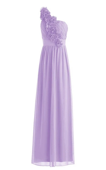 Exquisite Floral One-shoulder Pleated Chiffon A-line Gown