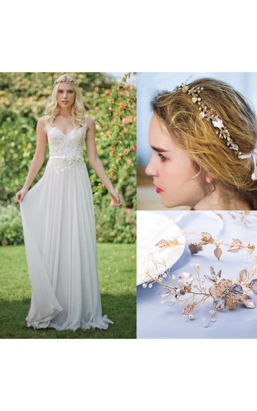 Chiffon Lace Weddig Dress With Beading Flower Lace-Up Back and Korean Gold Crystal Pearl Bridal Hair Accessories Headdress