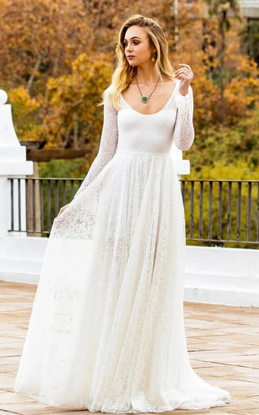 Bohemian Lace Scoop A Line Long Sleeve Wedding Dress with Keyhole Back