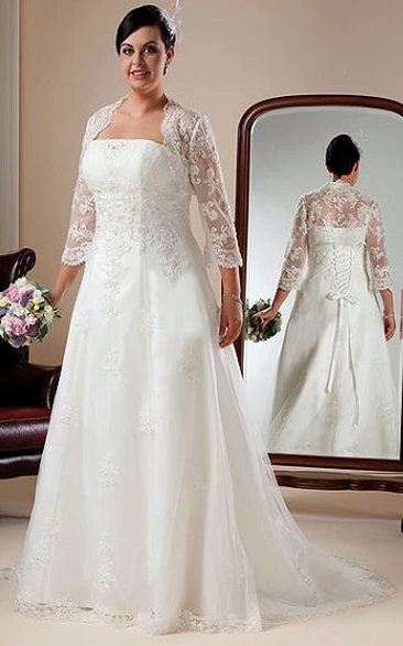 Strapless Lace Bridal Gown With Lace Up And 3-4-Sleeve Bolero