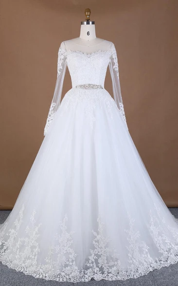 Ball Gown Long Sleeve Lace Weddig Dress With Beading Broach - June Bridals