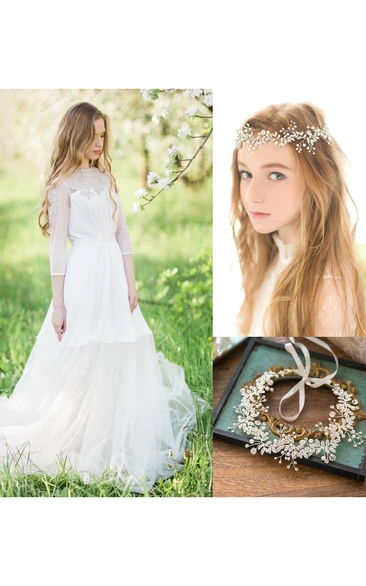Lace Weddig Dress With Appliques Button and Korean Silver Rhinestone Flower Headdress With Pearl Headband