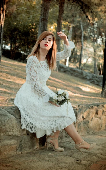 Bateau Low-V Back Tea-Length Lace Wedding Dress With Flower And Sash