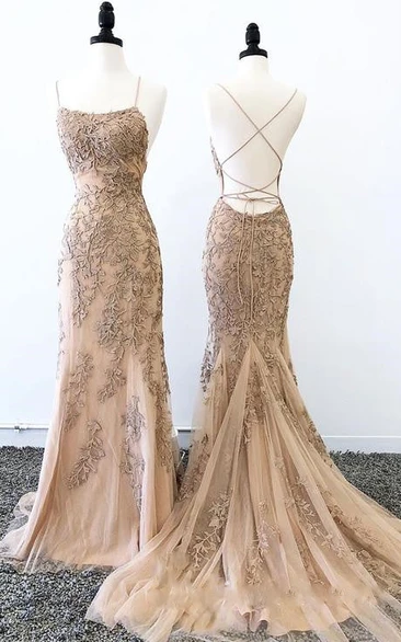 Ethereal Mermaid Lace Floor-length Sleeveless Open Back Prom Dress with Appliques