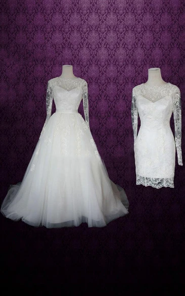 A-Line Lace Wedding Dress With Removable Skirt And Long Sleeves