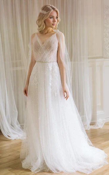 Fairy Flowy Ethereal A-Line Boho Pearl Wedding Dress Beach Modest Cross Neckline Low-V Back Sweep Train Sleeveless Bow Shoulder Strap Tulle Bridal Gown