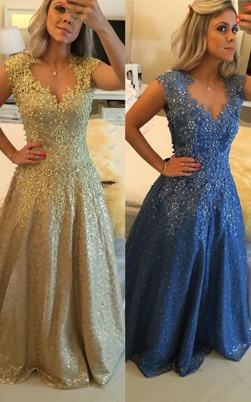 Glamorous Cap Sleeve Lace Appliques Prom Dresses Floor Length Formal Wear