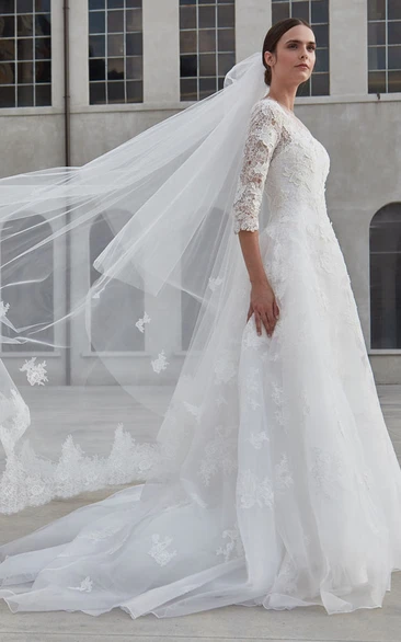 Elegant A Line Jewel Neck Lace Wedding Dress With 3/4 Length Sleeve And Button Back