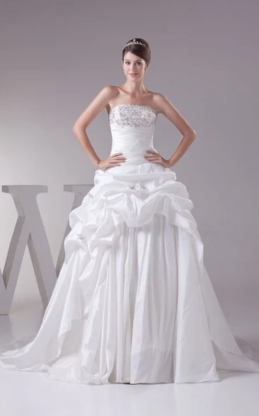 Strapless Pick-Up A-Line Gown With Pleats and Rhinestone