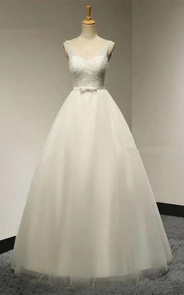 V-neck A-line Tulle Wedding Dress With Beaded Bodice