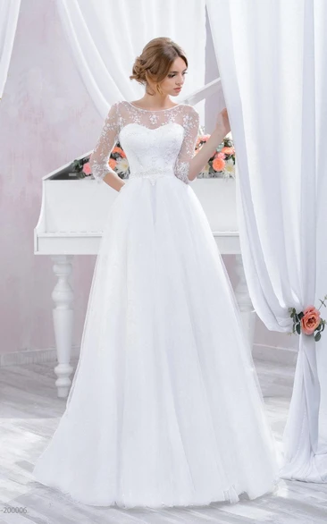 3-4 Sleeve Tulle Lace Dress With Beading