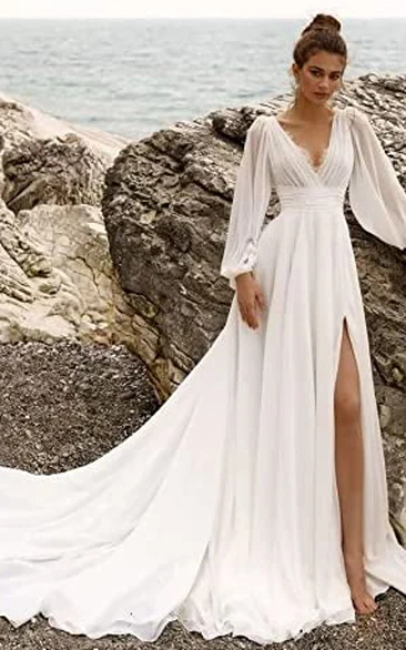 A-Line V-neck Chiffon Wedding Dress Simple Sexy Bohemian Romantic Beach Garden With Open Back And Poet Long Sleeves 