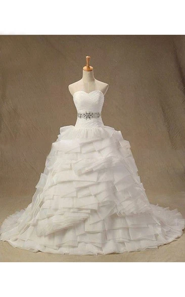 Sweetheart Empire Lace-Up Back Organza Wedding Dress With Tiers And Sash