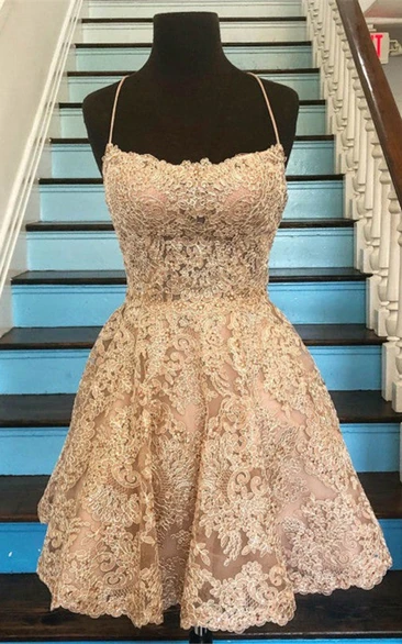 Lace A Line Spaghetti Romantic Homecoming Dress With Tied Back And Appliques