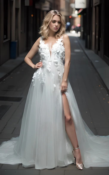 A-line Sexy Deep V-Neck Front Split Open Back Tulle Wedding Dress with Train