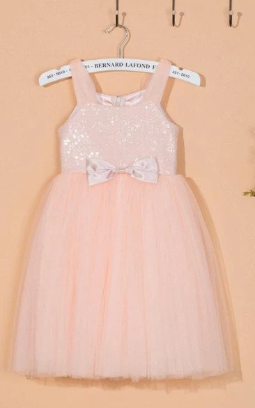 Strapped Square Neck Tulle Dress With Sequins&Flower