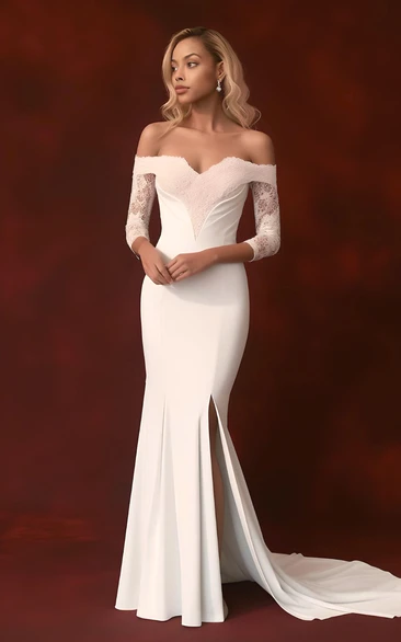 Mermaid Half Sleeve Spandex Lace Wedding Dress with Split Front Off-the-shoulder Country Garden Sweep Train Sexy Elegant