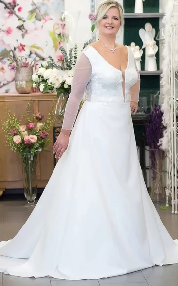 Elegant A Line V-neck Floor-length Long Sleeve Satin Wedding Dress