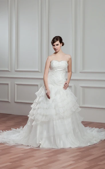 Sweetheart Tiered A-Line Gown with Appliques and Jeweled Top