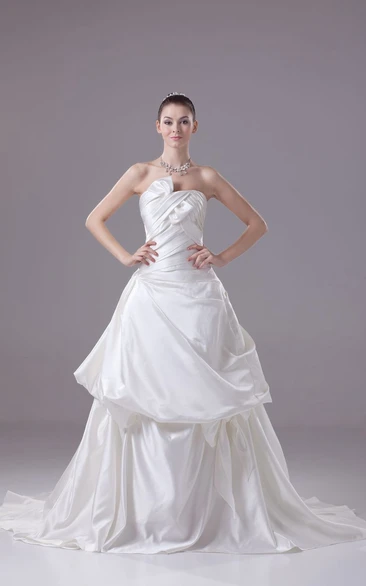 Strapless A-Line Ruched Gown With Bow and Pick-Up Design