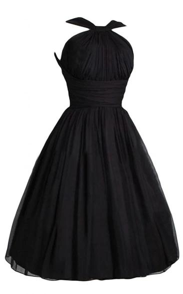 Halter Black Pleated and Ruffle Ball Gown