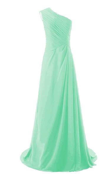 One-shoulder Side-drappping Chiffon A-line Gown With Train