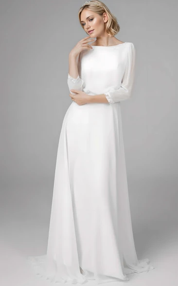 Simple Modest A-Line Long Sleeve Maxi Wedding Dress Elegant Country Garden Bateau Chiffon Bridal Gown