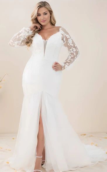 Mermaid Plus Size Fall Long Sleeve V-neck Lace Wedding Dress Backless with Train Garden
