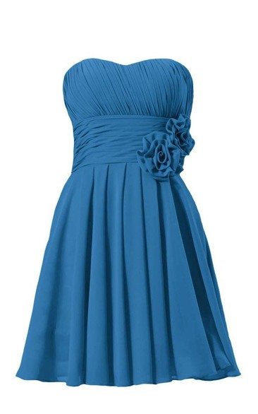 Strapless Ruched Floral Sash Knee-length Pleated Chiffon Dress